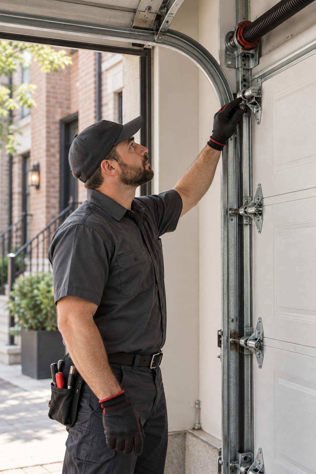 Technician inspecting garage door hardware